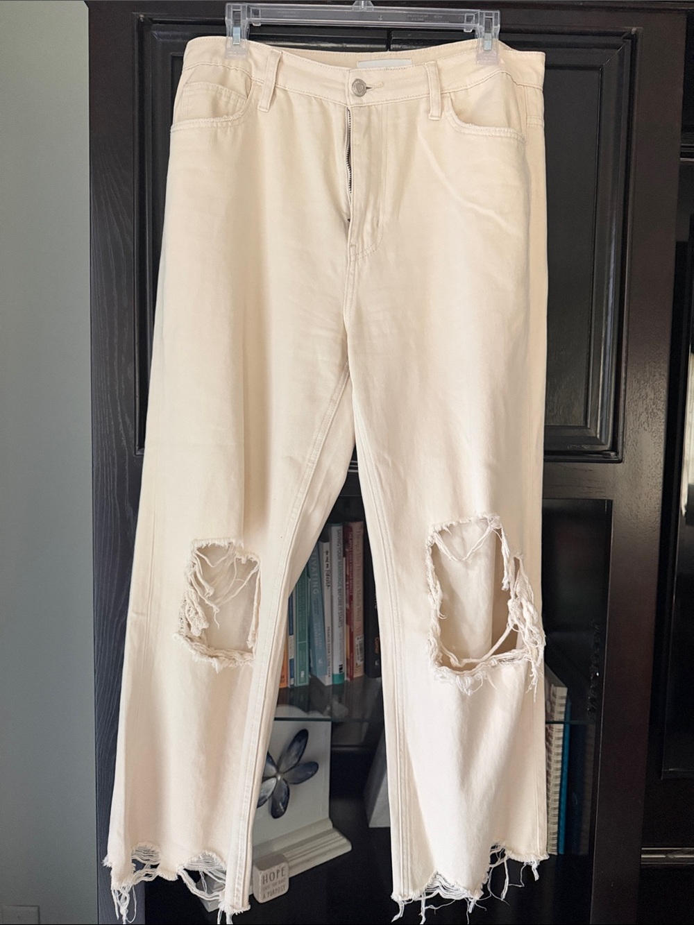VERVET BY FLYING MONKEY Cream Distressed Wide Leg Jeans